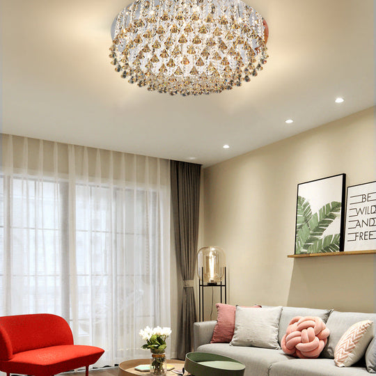 Modern Crystal Drop Nickel Led Drum Ceiling Light Fixture For Living Room