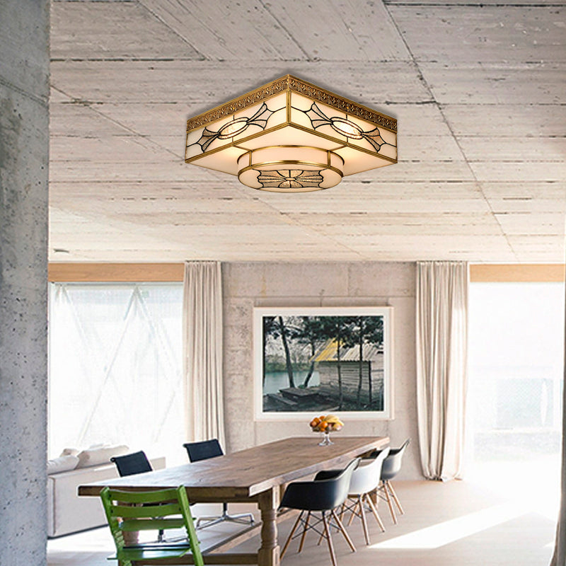 4 - Light Colonial Square Opal Glass Flush Mount Gold Kitchen Lighting Fixture