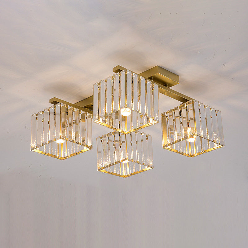 Square Crystal Rod Ceiling Light Fixture - Modern Semi Flush Mount With Tri-Sided Design (4/6/9