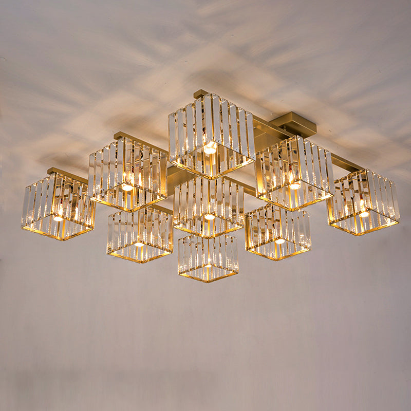Square Crystal Rod Ceiling Light Fixture - Modern Semi Flush Mount With Tri-Sided Design (4/6/9