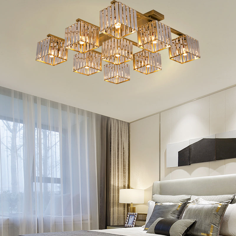 Square Crystal Rod Ceiling Light Fixture - Modern Semi Flush Mount With Tri-Sided Design (4/6/9