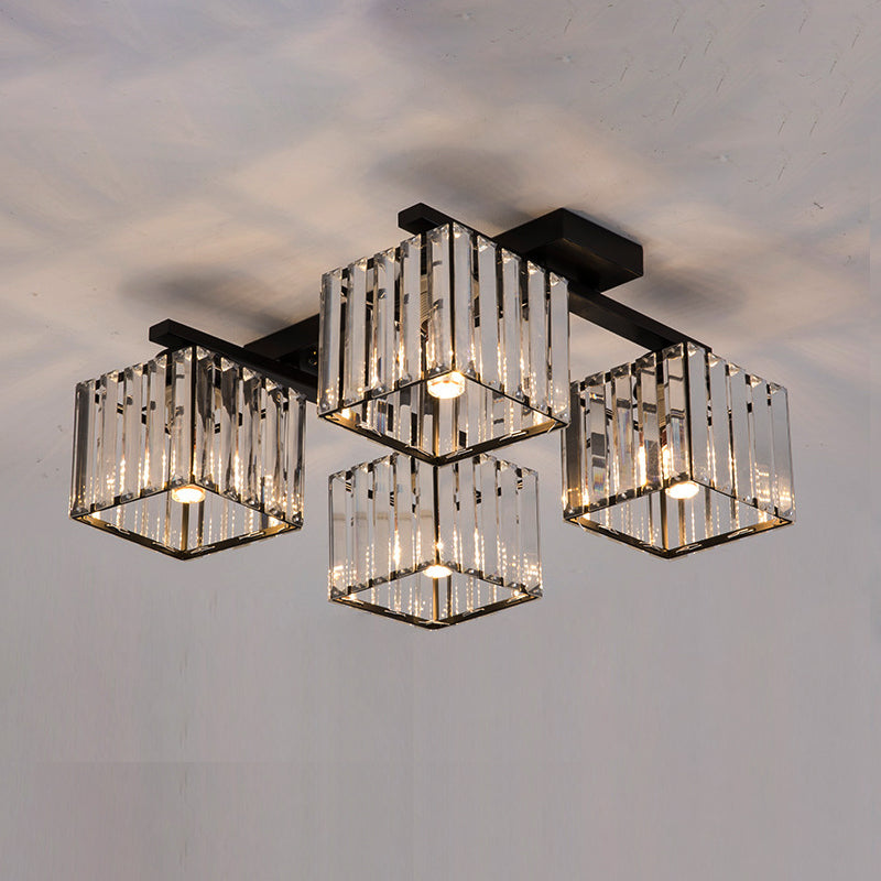Square Crystal Rod Ceiling Light Fixture - Modern Semi Flush Mount With Tri-Sided Design (4/6/9