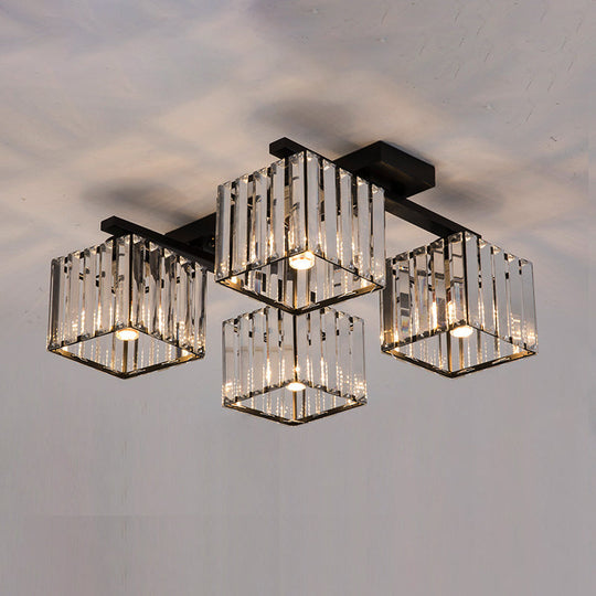 Square Crystal Rod Ceiling Light Fixture - Modern Semi Flush Mount With Tri-Sided Design (4/6/9