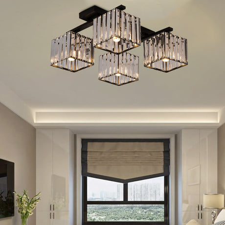 Square Crystal Rod Ceiling Light Fixture - Modern Semi Flush Mount With Tri-Sided Design (4/6/9