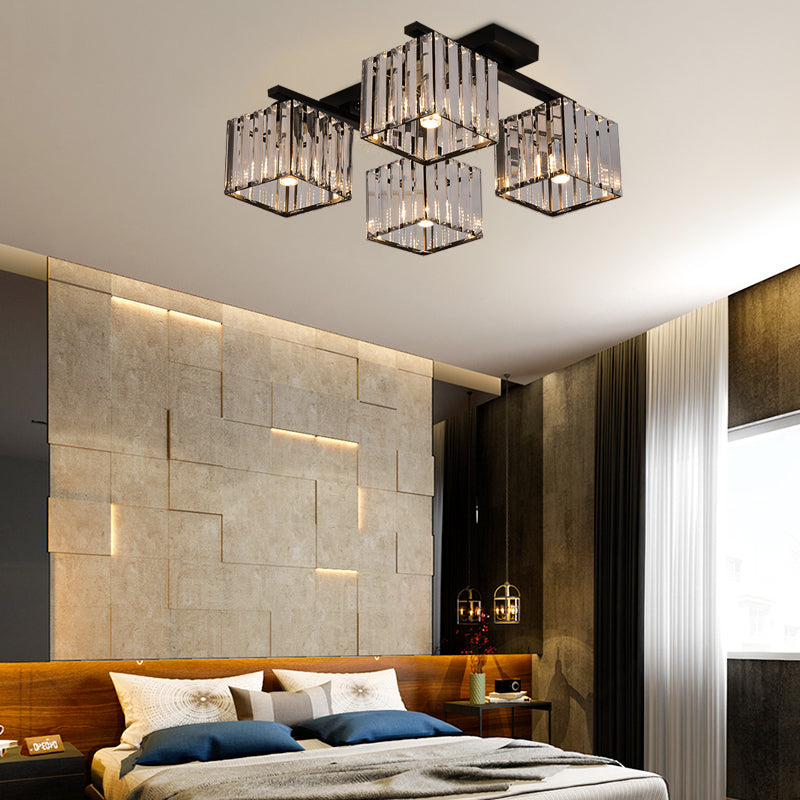 Square Crystal Rod Ceiling Light Fixture - Modern Semi Flush Mount With Tri - Sided Design (4/6/9