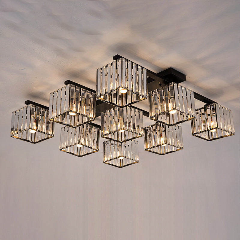 Square Crystal Rod Ceiling Light Fixture - Modern Semi Flush Mount With Tri-Sided Design (4/6/9