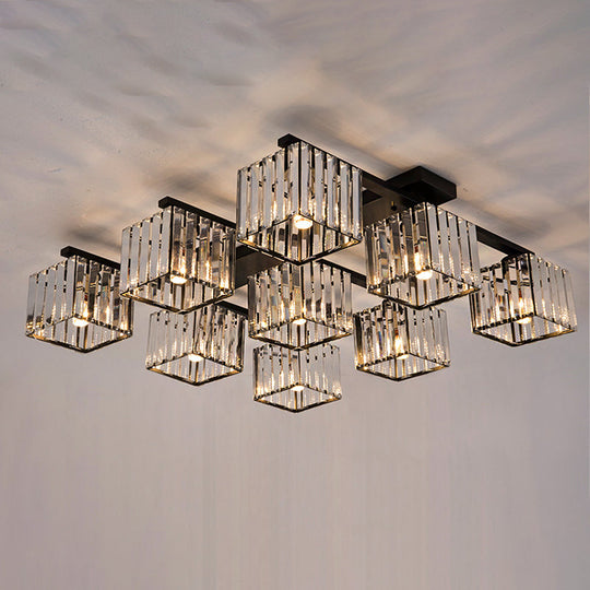 Square Crystal Rod Ceiling Light Fixture - Modern Semi Flush Mount With Tri-Sided Design (4/6/9