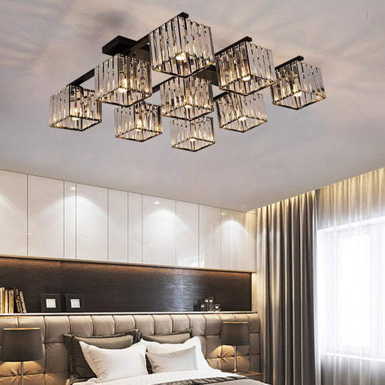 Square Crystal Rod Ceiling Light Fixture - Modern Semi Flush Mount With Tri-Sided Design (4/6/9