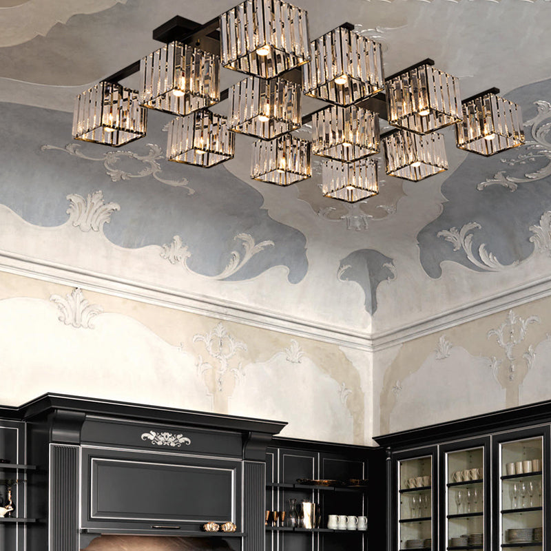 Square Crystal Rod Ceiling Light Fixture - Modern Semi Flush Mount With Tri-Sided Design (4/6/9