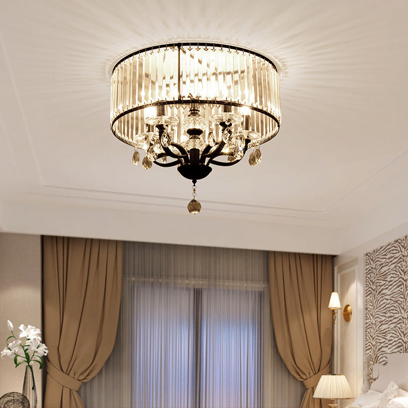 Contemporary 4-Head Semi Flush Crystal Light Fixture: Round Block Design In Black With White