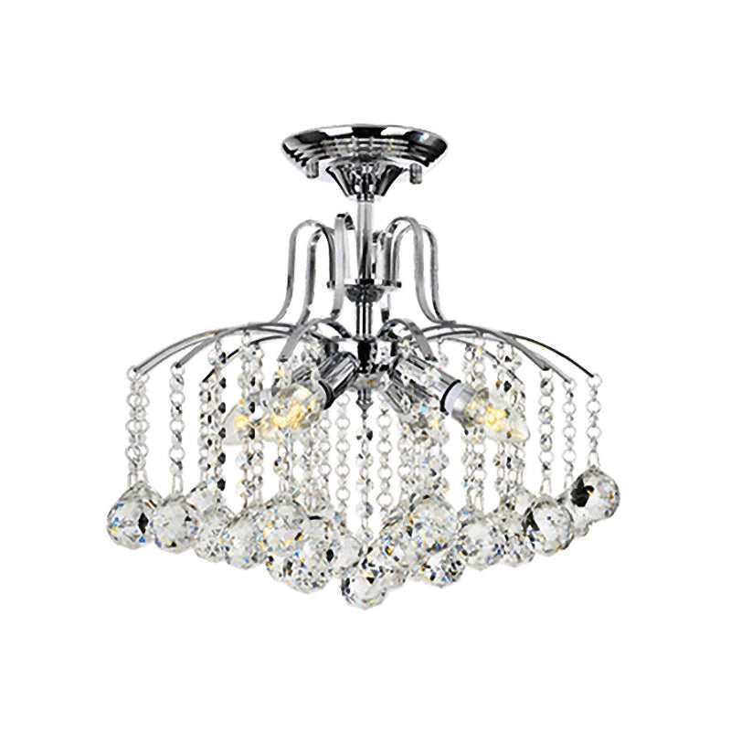 Sleek Cascade Ceiling Fixture Crystal Ball - 8 - Head Semi Flush Light In Chrome For Living Room