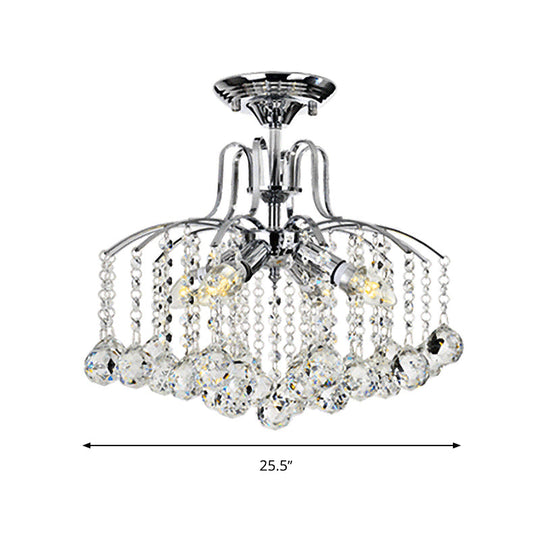 Sleek Cascade Ceiling Fixture Crystal Ball - 8 - Head Semi Flush Light In Chrome For Living Room