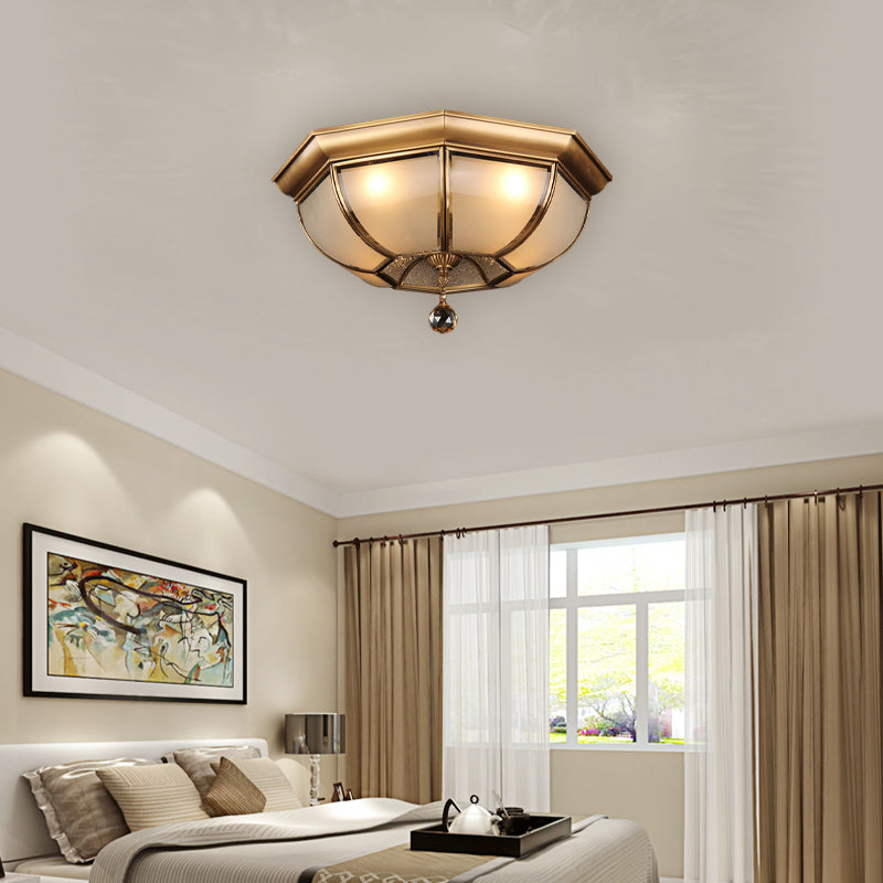 Postmodern Frosted Glass Dome Ceiling Mount Fixture 3/4 Heads Brass Flush Lighting With Crystal Drop