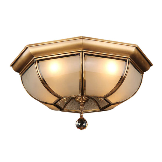 Postmodern Frosted Glass Dome Ceiling Mount Fixture 3/4 Heads Brass Flush Lighting With Crystal Drop