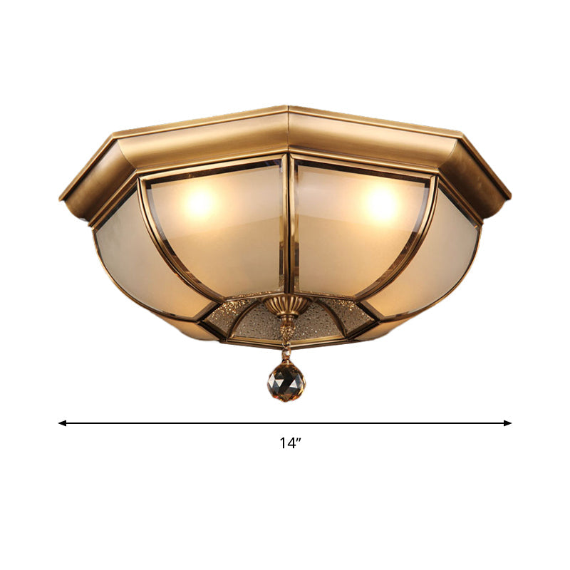 Postmodern Frosted Glass Dome Ceiling Mount Fixture 3/4 Heads Brass Flush Lighting With Crystal