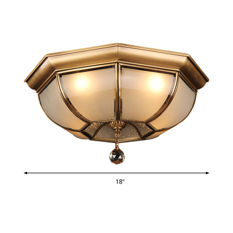 Postmodern Frosted Glass Dome Ceiling Mount Fixture 3/4 Heads Brass Flush Lighting With Crystal Drop