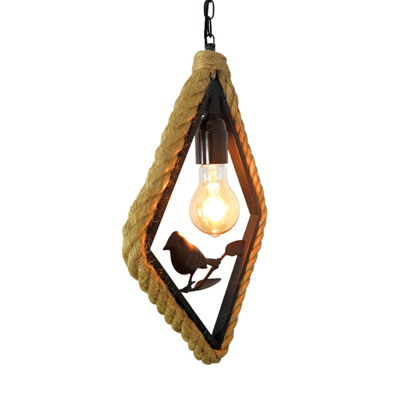 Black Rope Pendant Light Fixture For Living Room With Bird Deco: Round/Rhombus/Square Design