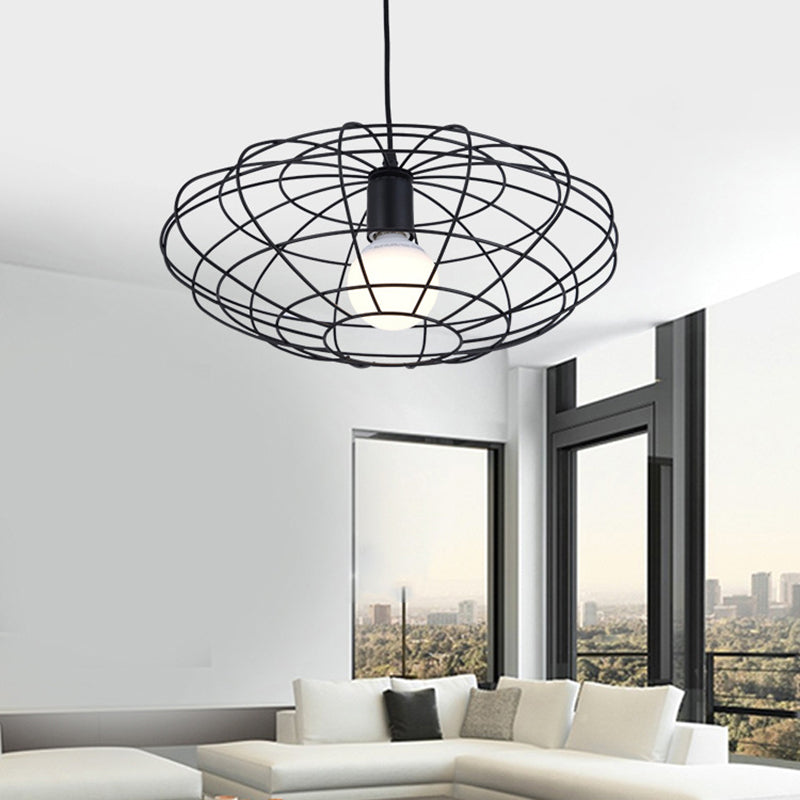 Vintage Black Metal Pendant Lighting - Oval Cage Ceiling Fixture For Living Room