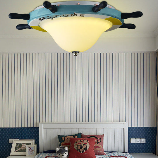 Seaside Metal Flush Ceiling Light: Steering Wheel Design White Finish Blue