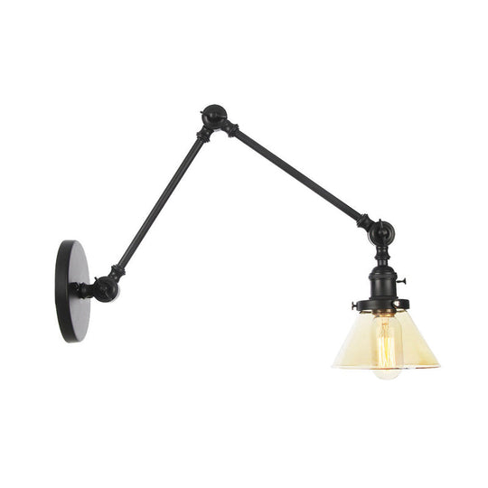 Industrial Conical Clear/Amber Glass Wall Lamp Sconce - Adjustable Arm Black/Bronze/Brass 1 Light 8
