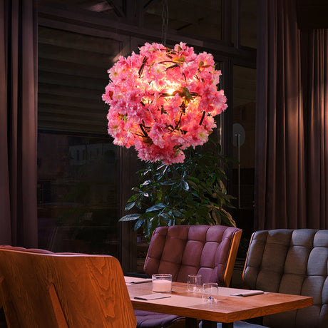 Vintage Pink Metal Pendant Lamp With Floral Decoration - 1-Light Globe Fixture