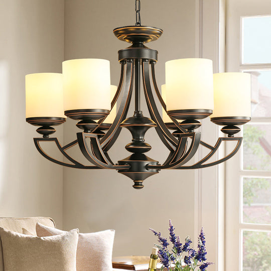 Traditional Starburst Pendant Chandelier - Black Metal Ceiling Lamp With Frosted Glass Shade