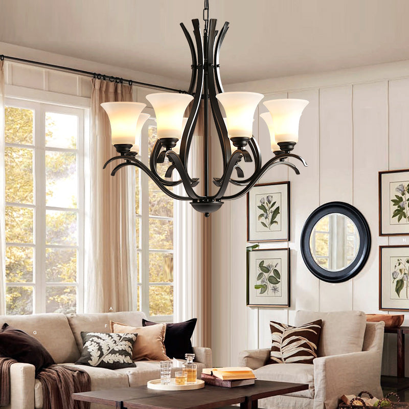 Retro Black Chandelier Pendant Lamp With Cream Glass For Living Room