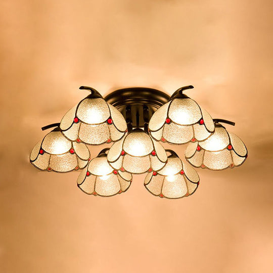 Mediterranean Scalloped Stained Glass Ceiling Fixture With Flush Mount Design - Choose From 3 6 Or
