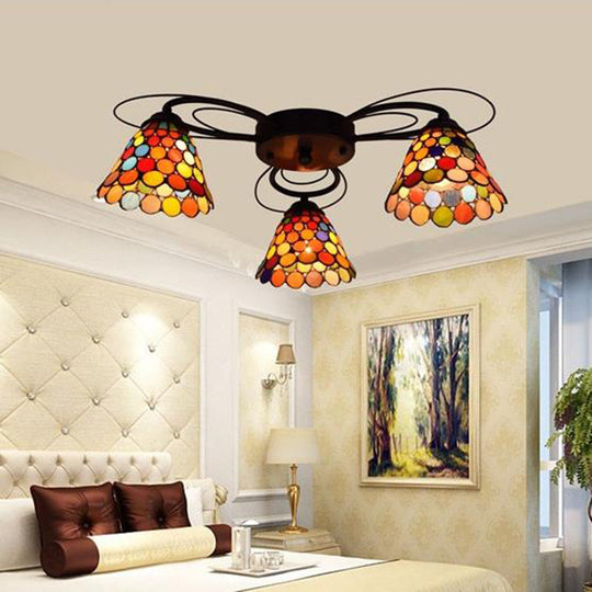 Tiffany Stained Glass Ceiling Light With Multicolored Bell Semi-Flush Mount - 3/7/9 Heads 3 / Orange
