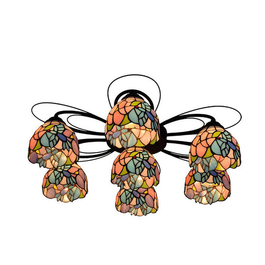 Tiffany Stained Glass Bowl Ceiling Light Fixture - Red/Orange/Green Semi Flush Mount 3/7/9 Heads 7