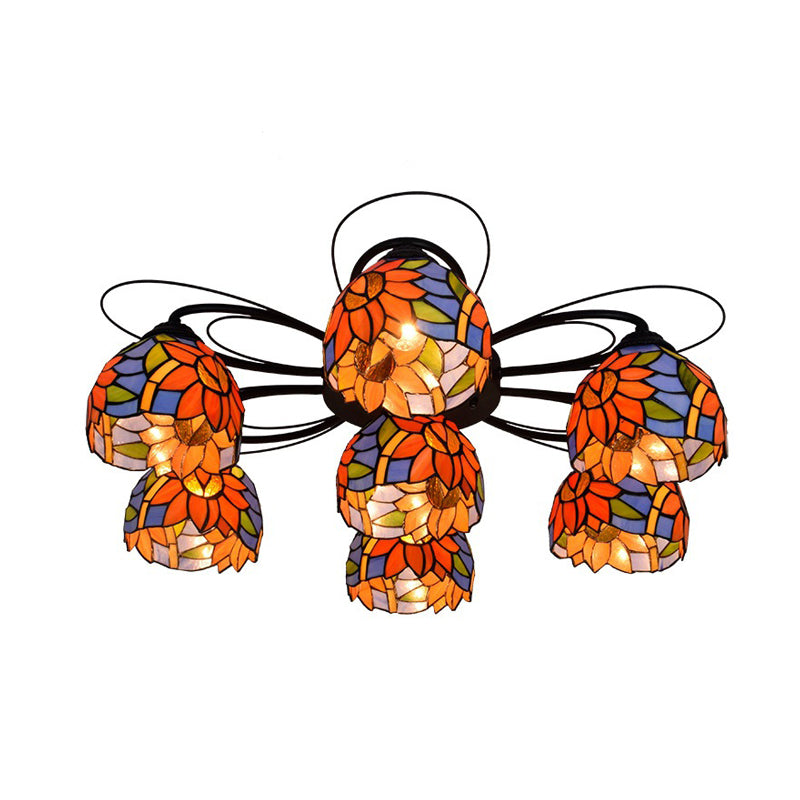 Tiffany Stained Glass Bowl Ceiling Light Fixture - Red/Orange/Green Semi Flush Mount 3/7/9 Heads 7