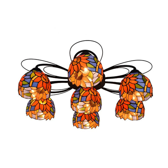 Tiffany Stained Glass Bowl Ceiling Light Fixture - Red/Orange/Green Semi Flush Mount 3/7/9 Heads 7