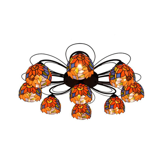 Tiffany Stained Glass Bowl Ceiling Light Fixture - Red/Orange/Green Semi Flush Mount 3/7/9 Heads 9