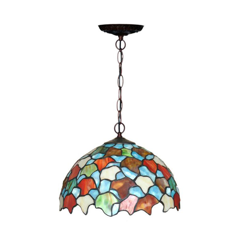 Mediterranean Style Hanging Pendant Light With Stained Glass Shade - Red/Green