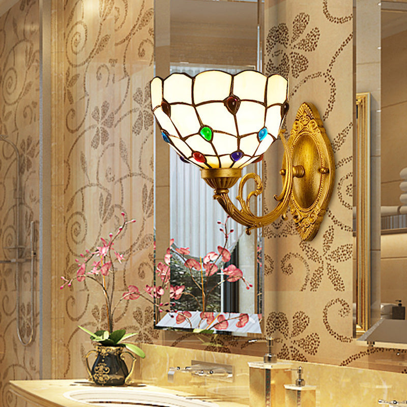 Mediterranean Brass Bathroom Vanity Sconce With Beaded White Glass Shade
