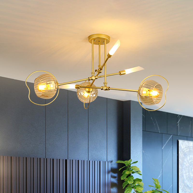 Contemporary 6/8-Head Chandelier With Gold Bowl Ceiling Suspension And Amber Glass Shade