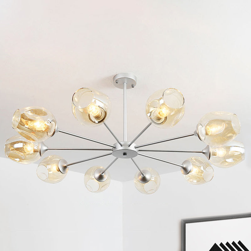 Modern 10-Bulb Chandelier Pendant Light With Amber Glass Shade - Silver Cup Design