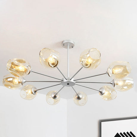 Modern 10-Bulb Silver Cup Pendant Chandelier With Amber Glass Shade