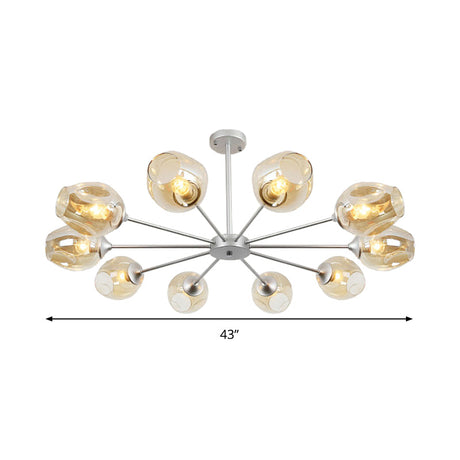 Modern 10-Bulb Silver Cup Pendant Chandelier With Amber Glass Shade