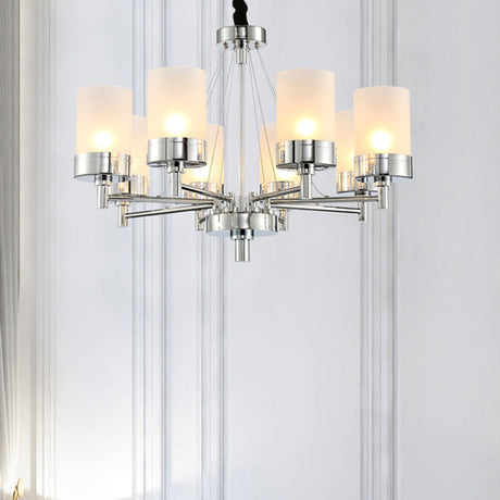 Modernist Frosted Glass Pendant Light Fixture - 8 Heads Cylinder Chandelier In Chrome Finish