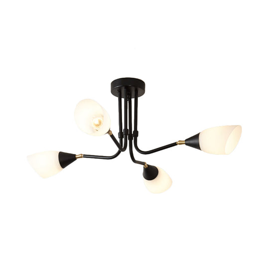 Modern Black Ceiling Chandelier With Flared Pendant Light And Milky Glass Shade - 4/6/8 Bulbs