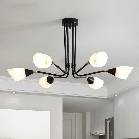 Modern 4/6/8 Bulbs Ceiling Chandelier - Black Flared Pendant Light With Milky Glass Shade