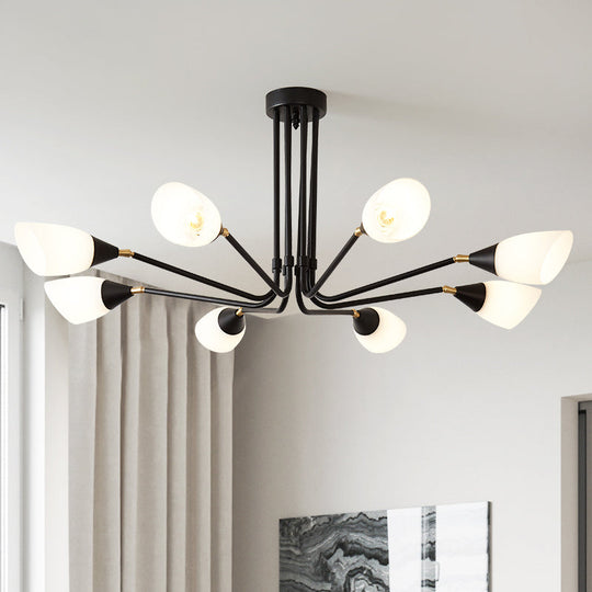 Modern 4/6/8 Bulbs Ceiling Chandelier - Black Flared Pendant Light With Milky Glass Shade