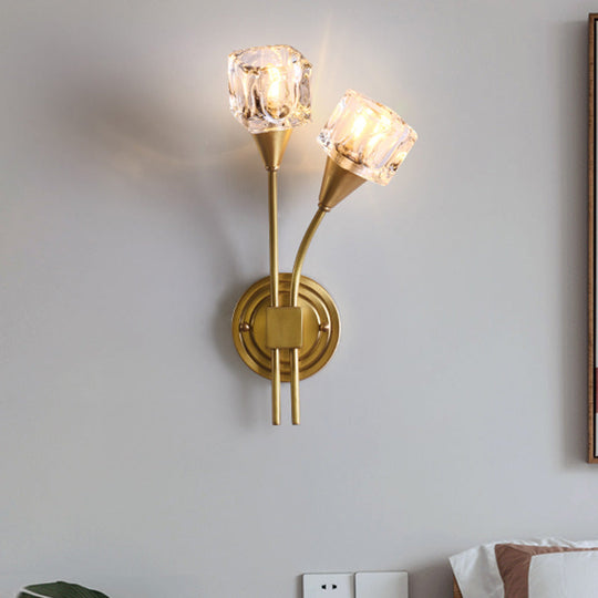 Contemporary Gold Cube Wall Sconce With Clear Crystal Led Lighting Perfect For Living Room