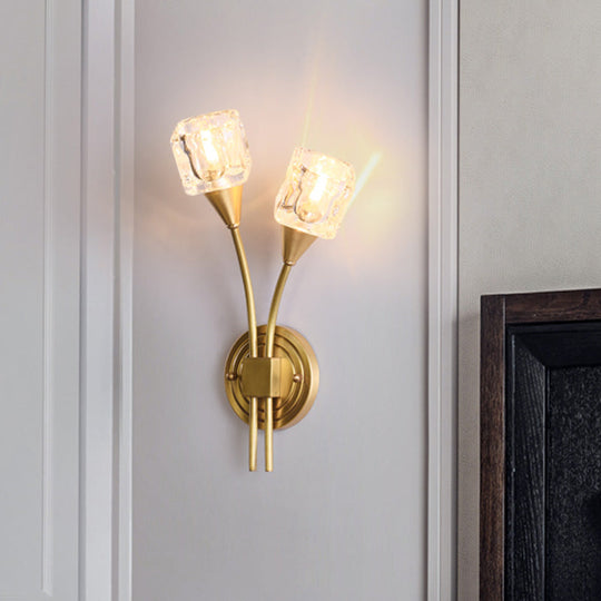 Contemporary Gold Cube Wall Sconce With Clear Crystal Led Lighting Perfect For Living Room