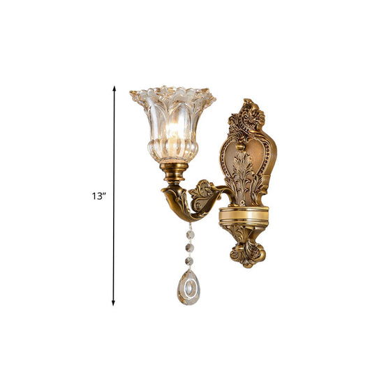 Vintage Floral Wall Sconce With Beveled Crystal Prism And Brass Finish