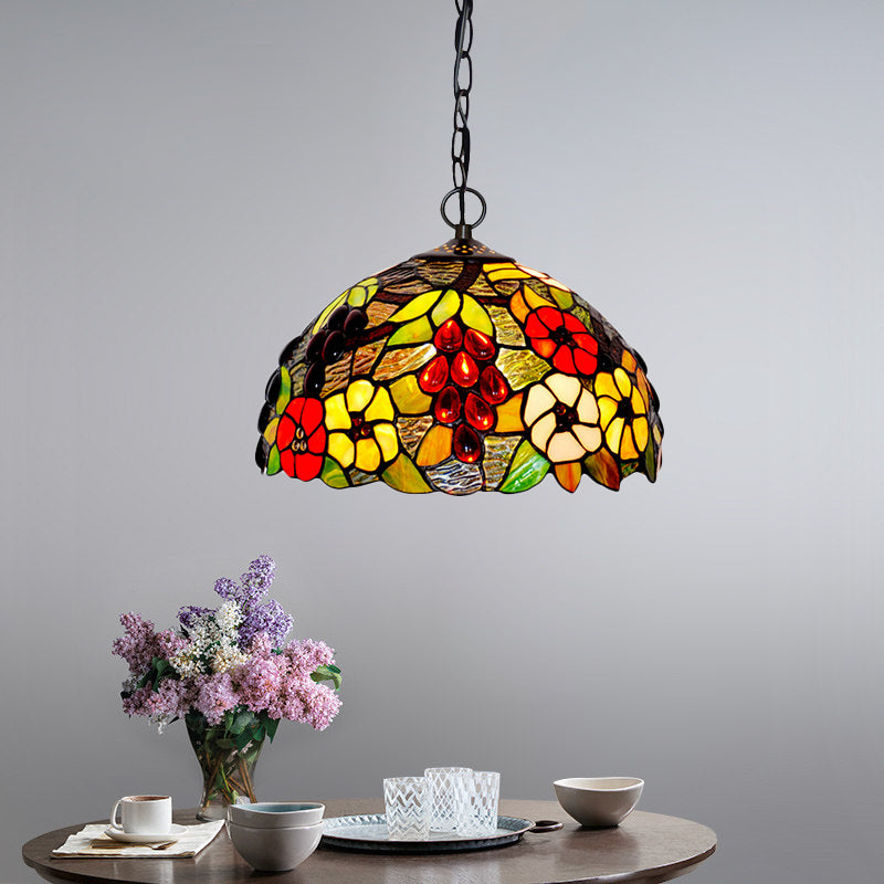 2-Light Domed Ceiling Chandelier With Stained Glass Tiffany Pendant Lighting In Red Green And Purple