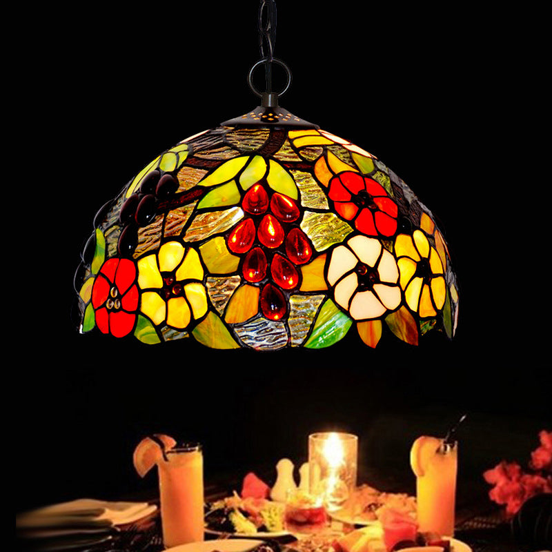 2-Light Domed Ceiling Chandelier With Stained Glass Tiffany Pendant Lighting In Red Green And Purple