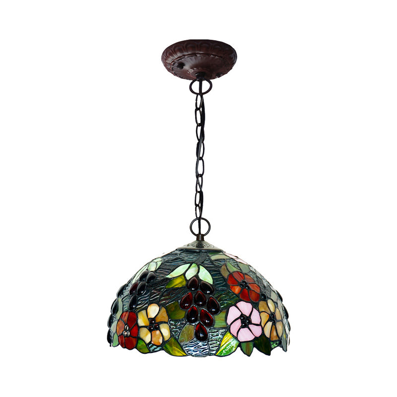 2-Light Domed Ceiling Chandelier With Stained Glass Tiffany Pendant Lighting In Red Green And Purple