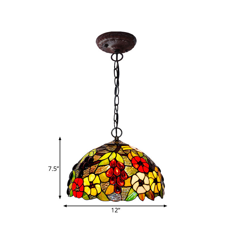 2-Light Domed Ceiling Chandelier With Stained Glass Tiffany Pendant Lighting In Red Green And Purple